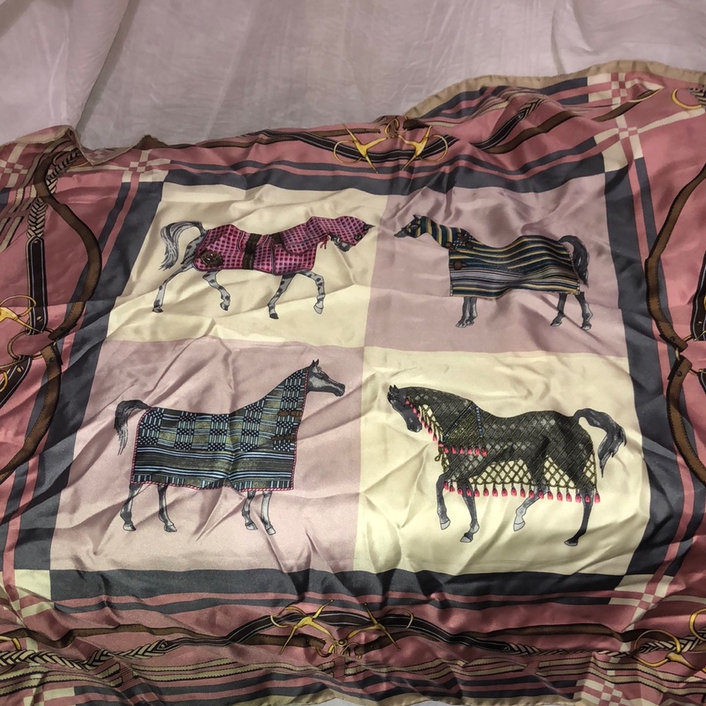 Equestrian Horse Print Silk Scarf EUC